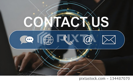 Contact us button with icons for chat, globe, phone, email, and mail on a digital background 134487070