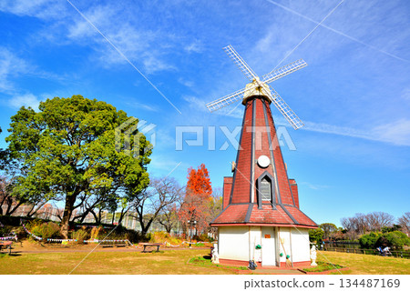 Ukima Park in late autumn: Ukima Pond and windmill Ukima Park in late autumn: Ukima Pond and windmill 134487169