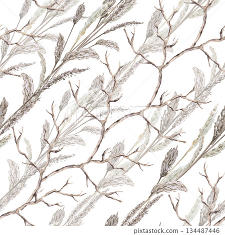 A seamless pattern with diagonal rows of various steppe grasses and dried branches. Watercolor illustration for eco-projects, posters, hotel designs, and nature reserve websites. 134487446