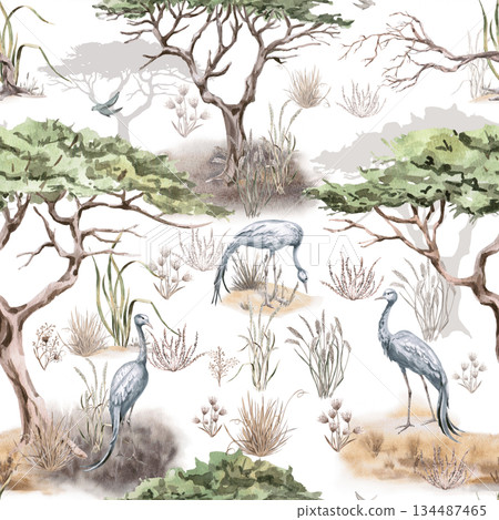 Seamless pattern with savannah landscapes and cranes. Watercolor illustration for eco-projects, posters, hotel designs, and nature reserve websites. Seamless pattern with savannah landscapes and cranes. Watercolor illustration for eco-projects, posters, hotel designs, and nature reserve websites. 134487465