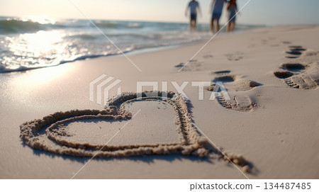 Heart Drawn in Smooth Sand with Soft Waves and Footprints on a Sunlit Beach 134487485
