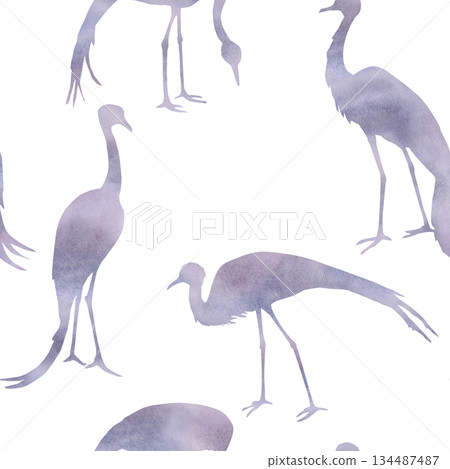 A seamless pattern with crane silhouettes in lilac tones. Watercolor illustration for eco-projects, posters, hotel designs, and nature reserve websites. 134487487