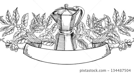 A seamless border featuring a geyser coffee maker, a sign, and coffee branches. Vector illustration for cafe and restaurant interiors, menus, packaging, and product branding. 134487504