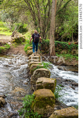Portalegre, Portugal - Apr 06, 2025: Walking across a bridge of stones over a stream at Percurso Pedestre de Galegos 134487570