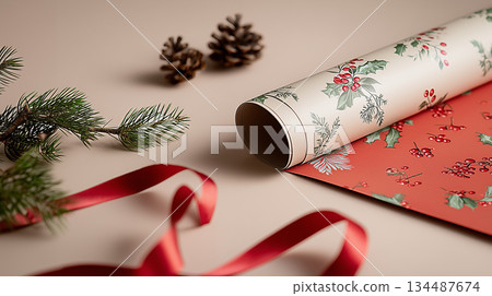 Christmas Wrapping Paper Roll with Floral Pattern Ribbon and Winter Decor on Beige Surface 134487674