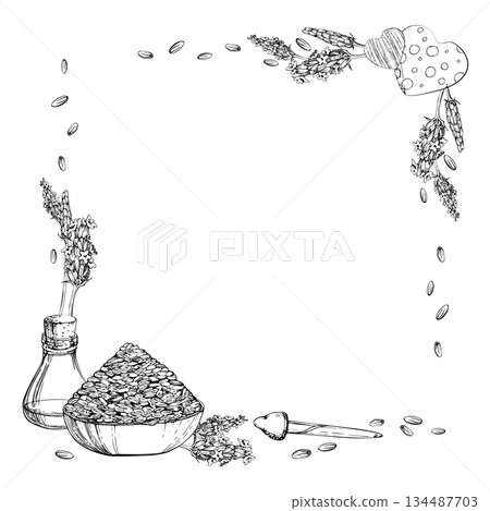 Lavender seeds in clay bowl, glass vial with cork stopper, dropper pipette, flower stalks. Corner square frame isolated illustration hand drawn in vector ink. Botanical eco wrap, Provence market label 134487703