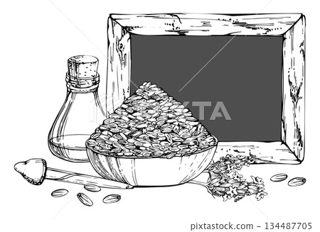 Essential oil glass bottle with pipette dropper, lavender seeds heaped in terracotta bowl, blank sign frame for text. Isolated illustration hand drawn in vector ink. Cottage decor, herbal packaging 134487705
