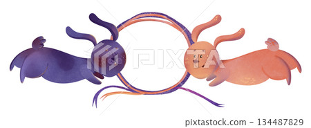 Adorable children's illustration frame of cute purple and orange bunny with wreath of colorful ribbons with bow. Perfect for Easter cards, kids' decor, spring greetings, and nursery art Adorable children's illustration frame of cute purple and orange bunny with wreath of colorful ribbons with bow. Perfect for Easter cards, kids' decor, spring greetings, and nursery art 134487829