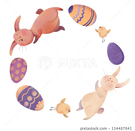 Adorable children's illustration of playful Easter bunnies hopping with cute chicks, colorful decorated eggs. Perfect for Easter cards, kids' decor, holiday greetings, and nursery art Adorable children's illustration of playful Easter bunnies hopping with cute chicks, colorful decorated eggs. Perfect for Easter cards, kids' decor, holiday greetings, and nursery art 134487841