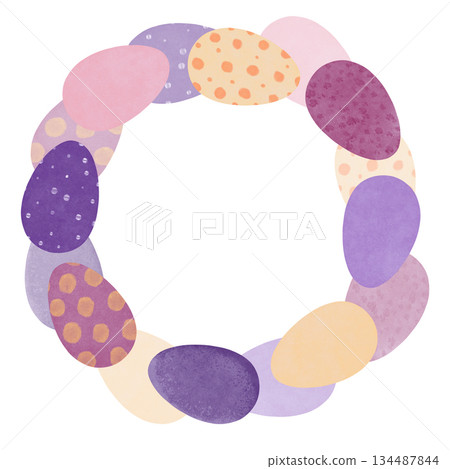 Cute children's illustration of colorful Easter eggs arranged circular frame with polka dots and pastel patterns. Ideal for Easter cards, spring wreaths, invitations, nursery decor, holiday designs Cute children's illustration of colorful Easter eggs arranged circular frame with polka dots and pastel patterns. Ideal for Easter cards, spring wreaths, invitations, nursery decor, holiday designs 134487844