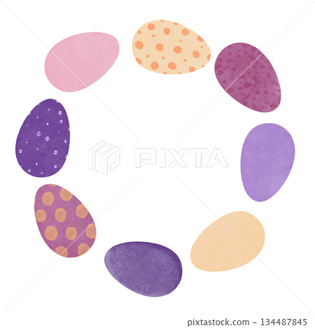 Cute children's illustration of colorful Easter eggs arranged circular frame with polka dots and pastel patterns. Ideal for Easter cards, spring wreaths, invitations, nursery decor, holiday designs Cute children's illustration of colorful Easter eggs arranged circular frame with polka dots and pastel patterns. Ideal for Easter cards, spring wreaths, invitations, nursery decor, holiday designs 134487845