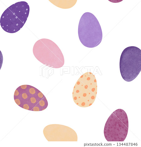 Seamless pattern featuring colorful watercolor Easter eggs in pastel purple, pink, and yellow with polka dots. Ideal for fabric, wallpaper, wrapping paper, textiles, nursery decor, and spring designs 134487846
