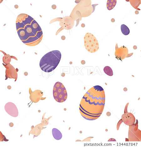 Seamless Easter pattern with cute watercolor bunnies, chicks, and colorful decorated eggs in pastel tones. Ideal for children's fabric, nursery wallpaper, wrapping paper, textiles, and holiday designs Seamless Easter pattern with cute watercolor bunnies, chicks, and colorful decorated eggs in pastel tones. Ideal for children's fabric, nursery wallpaper, wrapping paper, textiles, and holiday designs 134487847