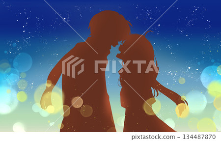 Happy winter couple facing each other at night, illuminated silhouette Happy winter couple facing each other at night, illuminated silhouette 134487870