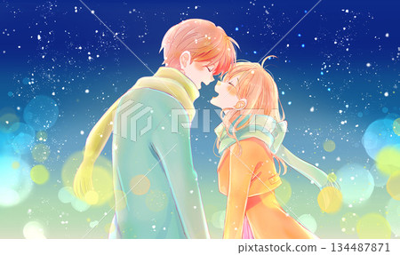 Happy winter couple facing each other at night, snow, illuminations Happy winter couple facing each other at night, snow, illuminations 134487871