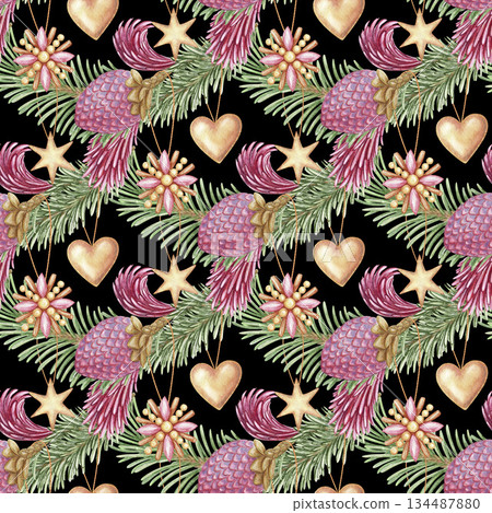 Golden Christmas tree ornaments seamless pattern. Hand drawn watercolor branch scale shape on black background creates a winter mood. Perfect for traditional textile design. Great for wrapping paper. Golden Christmas tree ornaments seamless pattern. Hand drawn watercolor branch scale shape on black background creates a winter mood. Perfect for traditional textile design. Great for wrapping paper. 134487880