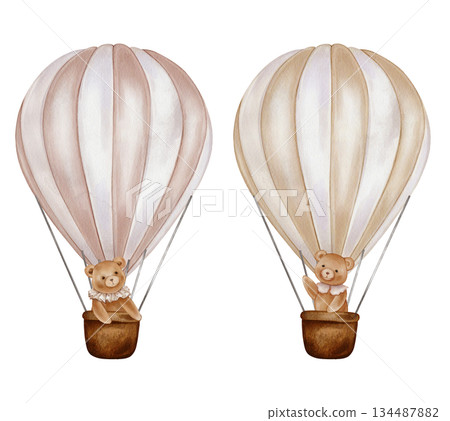 Watercolor beige pink Air Balloons with basket and bears. Hand drawn illustration for Children design in Cartoon style. Vintage Aircraft with hot air for icon or logo in pastel colors for kids. 134487882