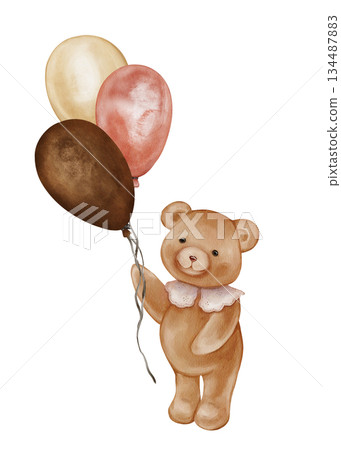 Watercolor Cute Teddy Bear Holding Balloon bunch. Valentine Brown bear toy with vintage Jabot collar. Illustration hand drawn in retro style on isolated background for design greeting cards. Watercolor Cute Teddy Bear Holding Balloon bunch. Valentine Brown bear toy with vintage Jabot collar. Illustration hand drawn in retro style on isolated background for design greeting cards. 134487883