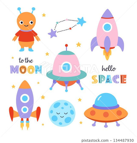 cartoon space set isolated, flat style 134487930