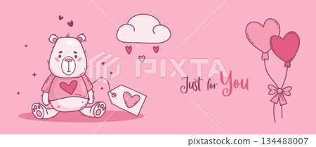 Cute Pink Teddy Bear with Gift Tag and Heart Balloons. Vector Illustration Banner. Horizontal Valentines Day Background and Header Template. Not AI Cute Pink Teddy Bear with Gift Tag and Heart Balloons. Vector Illustration Banner. Horizontal Valentines Day Background and Header Template. Not AI 134488007