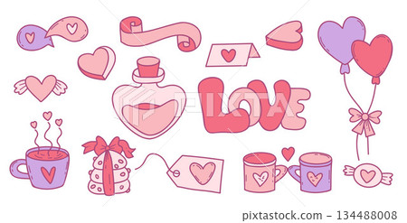 Love Doodle Set. Isolated Pink Valentines Day Gift and Heart Hand Drawn Elements. Comprehensive Collection for Romantic Design. Vector Illustration. Not AI Love Doodle Set. Isolated Pink Valentines Day Gift and Heart Hand Drawn Elements. Comprehensive Collection for Romantic Design. Vector Illustration. Not AI 134488008