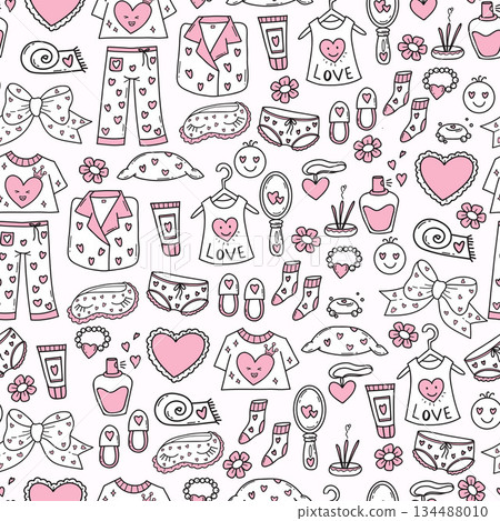Seamless Outline Loungewear and Accessories Doodle Pattern. Romantic Girly Fashion Pajamas, Lingerie, and Heart, Love Symbol Repeating Background. Valentines Day Coloring Template. Vector Illustration Seamless Outline Loungewear and Accessories Doodle Pattern. Romantic Girly Fashion Pajamas, Lingerie, and Heart, Love Symbol Repeating Background. Valentines Day Coloring Template. Vector Illustration 134488010