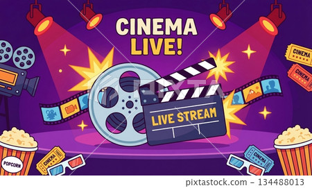 Cinema live event with film reel, camera, and streaming setup in a vibrant entertainment environment 134488013