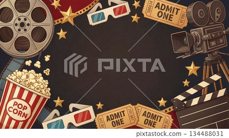Movie night setup with film reel, popcorn, tickets, and camera surrounded by stars and filmstrip 134488031