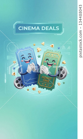 Cinema deals showing two happy tickets celebrating movie offers with popcorn in the background 134488043