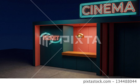 Cinema ticket booth located in an open area during the evening hours with neon signage and a simple design 134488044