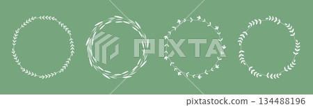 White round frames with botanical images of flowers and herbs on green background 134488196