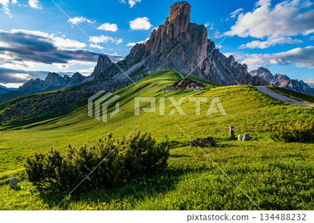 The Giau Pass at sunset, Belluno, Dolomites, South Tyrol, Italy 134488232