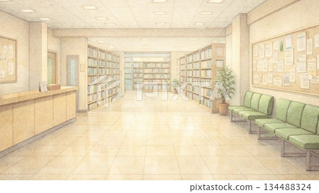 An illustration of an empty library lobby, a quiet public facility interior An illustration of an empty library lobby, a quiet public facility interior 134488324