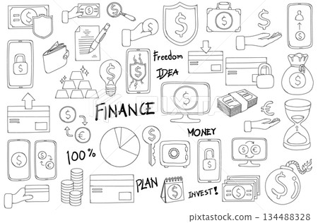 Money Related Doodle vector set. Drawing sketch illustration hand drawn line eps10 134488328