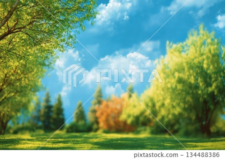 Beautiful blurred background image of spring nature with surrounded by trees against a blue sky with clouds on a bright sunny day. Beautiful blurred background image of spring nature with surrounded by trees against a blue sky with clouds on a bright sunny day. 134488386