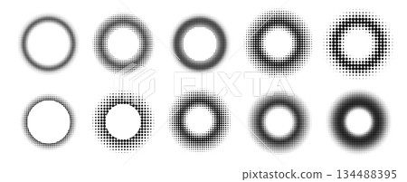 Thircle halfton effect template. Silhuette of round dots. 134488395