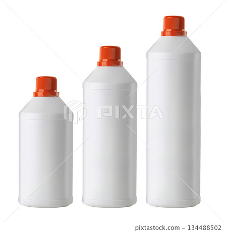 Three white plastic bottles with orange caps, transparent background 134488502
