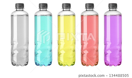 Refreshing colorful plastic soda drink bottles with transparent background Refreshing colorful plastic soda drink bottles with transparent background 134488505