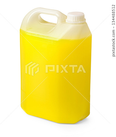 Plastic container with yellow liquid detergent isolated Plastic container with yellow liquid detergent isolated 134488512