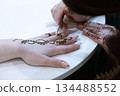Berlin, Germany - January 22, 2025: Henna artist applying intricate design on female hand at table 134488552