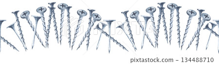 Watercolor seamless border with metal screws and nails on a white background. Realistic illustration of repetitive construction tools. Home renovation and construction services. 134488710