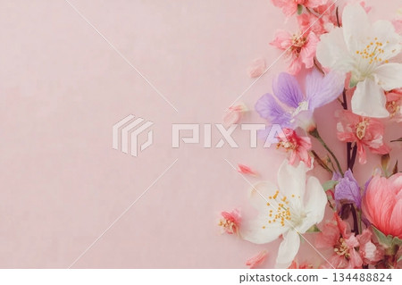 beautiful spring flowers on paper background 134488824