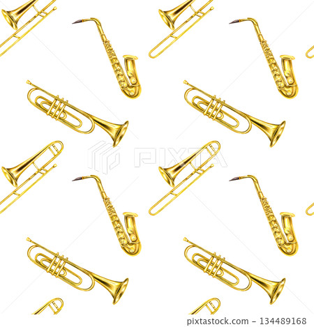 Watercolor musical classical brass trumpet, trombone and saxophone seamless pattern on isolated background. Hand painted jazz metallic golden instruments illustration for your design, textile, print. 134489168