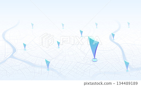 Isometric white city map with scattered blue 3D location pins and river. Vector illustration. 134489189