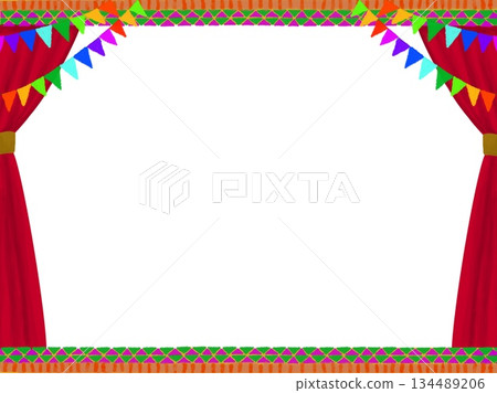 舞台插圖，頂部和底部有色彩鮮豔的旗幟、紅色帷幔和民族圖案 134489206