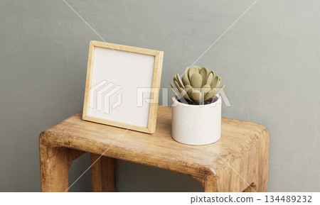Blank Picture Frame and Succulent Plant on Wooden Stool Mock up . 3D Rendering. 134489232