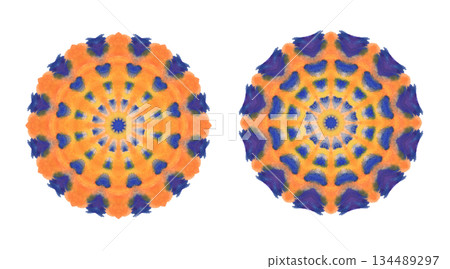 Abstract watercolor paint mandala ornament in vibrant orange and blue tones with symmetrical circular geometry. Isolated on transparent background colorful decorative radial element with clean edges. 134489297
