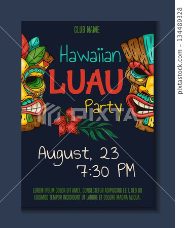 Tiki mask poster. Hibiscus and tropical leaves with playful typography, design for promoting Hawaiian party, club event, festival and social media advertising. Vector cartoon flat isolated template 134489328