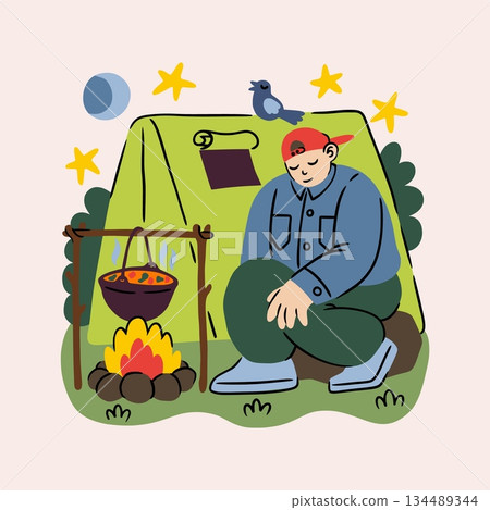 Camping tourism. Man resting in tent at night, cooking on campfire, peaceful relax outdoor travel in forest. Hiker adventures. Happy traveler character. Vector cartoon flat style isolated illustration 134489344