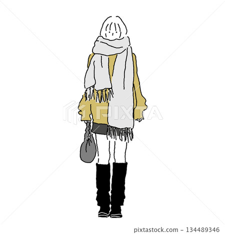 一位裹著蓬鬆圍巾的女士，身著冬裝，色彩繽紛，色彩鮮豔。 134489346